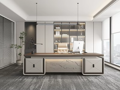 Modern Office Interior With Large Wooden Desk Computer Monitor Bookshelves Potted Plant And City View 3d model