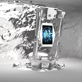 Silver Metal Art Installation With Central Digital Screen Showing Blue Pattern And Water Wave Background
