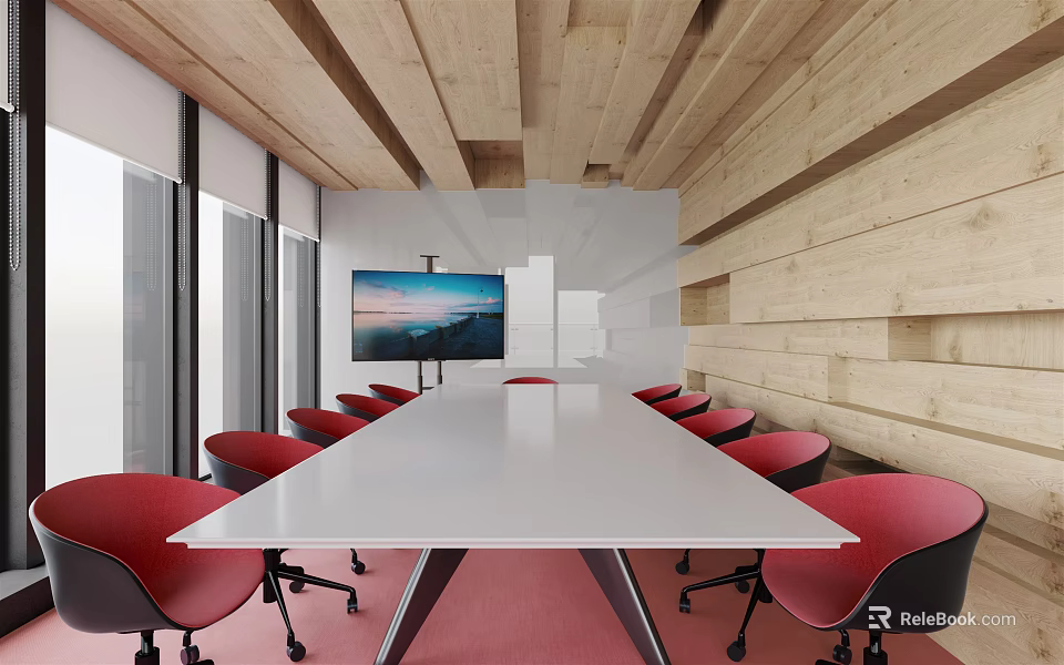 Modern Conference Room Featuring Long White Table Red Chairs Large Screen TV And Wooden Ceiling 3d model 