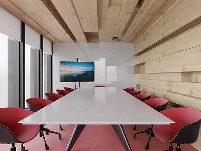 Modern Conference Room Featuring Long White Table Red Chairs Large Screen TV And Wooden Ceiling 3d model