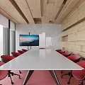 Modern Conference Room Featuring Long White Table Red Chairs Large Screen TV And Wooden Ceiling