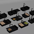 Multiple Black Kitchen Sinks With Cutting Boards And Fruit Storage 3d model