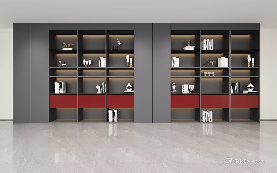 Modern Bookcase With Multiple Shelves Gray And Red Design Books And Decor In Interior Space 3d model 