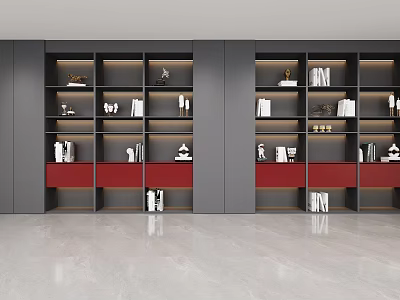 Modern Bookcase With Multiple Shelves Gray And Red Design Books And Decor In Interior Space 3d model