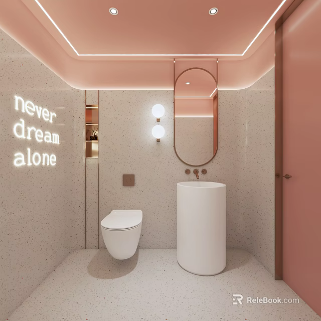 Modern Bathroom With Pink Tones Round Mirror Freestanding Sink Decorative Text And Wall Mounted Toilet 3d model 