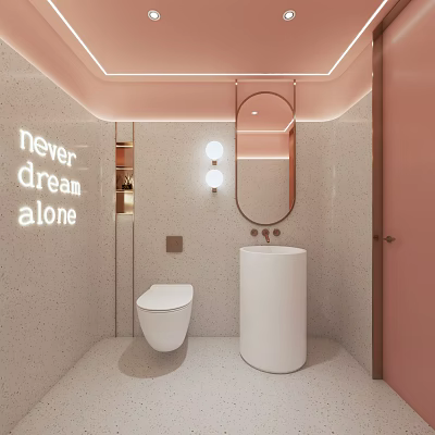Modern Bathroom With Pink Tones Round Mirror Freestanding Sink Decorative Text And Wall Mounted Toilet 3d model