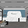 Modern Office Reception Desk With Blue Accent Wall Marble Counter Logo Sofa And Plants