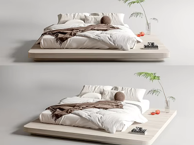 Modern Double Bed Platform Design With White Bedding Brown Blanket And Green Plant 3d model