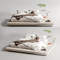 Modern Double Bed Platform Design With White Bedding Brown Blanket And Green Plant