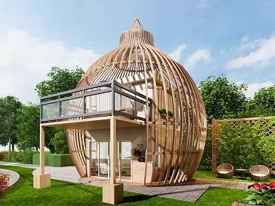 Unique Dome Shaped Wooden House With Glass Railing Balcony On Green Lawn Surrounded by Trees 3d model