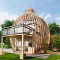 Unique Dome Shaped Wooden House With Glass Railing Balcony On Green Lawn Surrounded by Trees