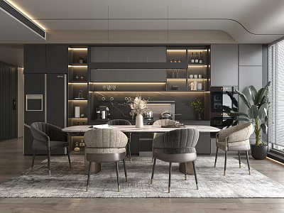 Modern Restaurant Interior With Round Dining Table Grey Chairs Wine Cabinets And Plants 3d model