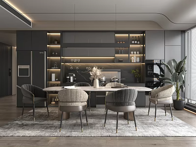 Restaurant Dining Table and Chair Combination Wine Cabinet Chandelier Refrigerator 3d model