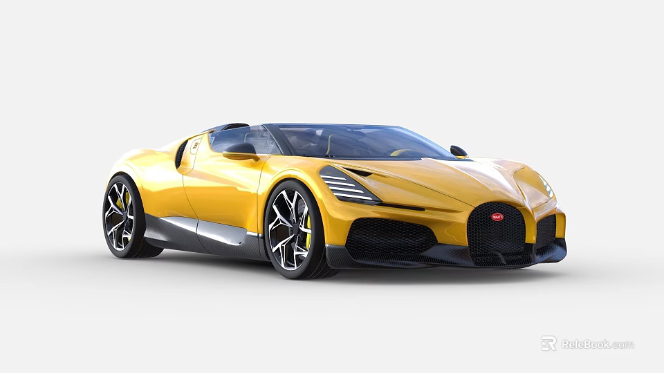 Yellow Bugatti Sports Car With Sleek Design And Black Convertible Top 3d model 