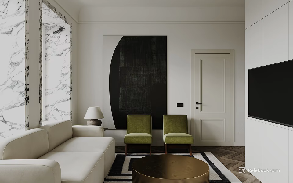 Modern Apartment Living Room With Sofa Green Chairs And Marble Accents 3d model 