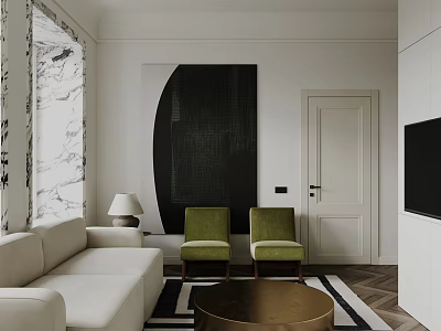 Modern Apartment Living Room With Sofa Green Chairs And Marble Accents 3d model