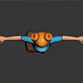 3D Female Character With Red Hair Pigtails Blue Uniform Brown Bag Arms Outstretched Gray Background