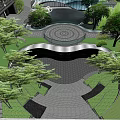 Modern Garden Landscape with Glass Curtain Wall Curved Wooden Structure White Sculpture Trees Lounge Chairs