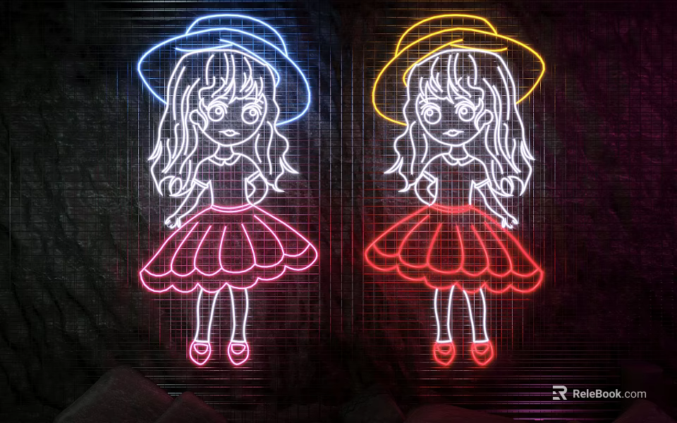Neon Decorative Lights With Cartoon Girl Design In Blue Yellow Pink Red On Grid Background 3d model 