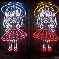 Neon Decorative Lights With Cartoon Girl Design In Blue Yellow Pink Red On Grid Background