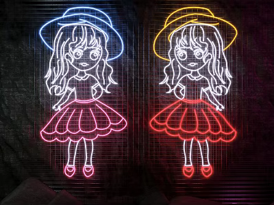 Neon Decorative Lights With Cartoon Girl Design In Blue Yellow Pink Red On Grid Background 3d model