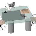 Transparent Office Desk With White Cylindrical Supports Table Lamp Monitor And Beige Rolling Chairs