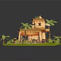 Cartoon Scene of Earth Yellow Two Story Hut With Palm Trees Stall and Green Grass
