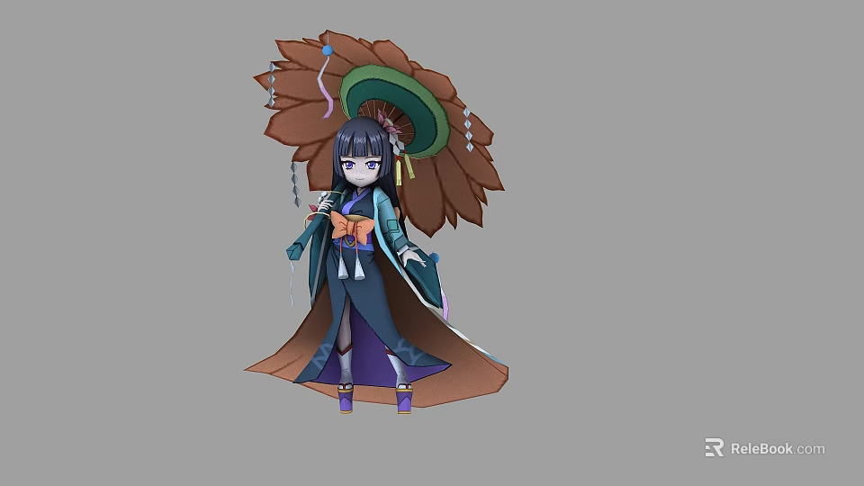 Woman In Traditional Kimono With Feathered Hat And Ornate Accessories Standing Gracefully 3d model 