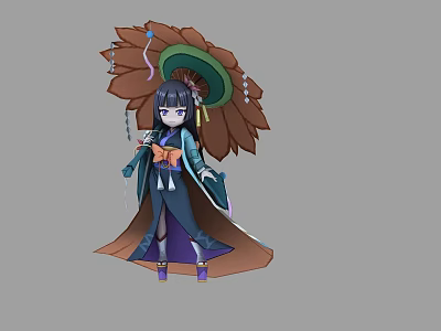 Woman In Traditional Kimono With Feathered Hat And Ornate Accessories Standing Gracefully 3d model