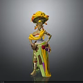 Vibrant Fantasy Character With Ornamental Floral Feathered Headdress And Green Yellow Purple Skirt Outfit