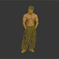 A Shirtless Muscular Man In Dark Cargo Pants And Black White Sneakers Against Grey Background