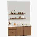 Wooden Kitchen Cabinets with Shelves on White Countertop and Bottles Jars Green Onions