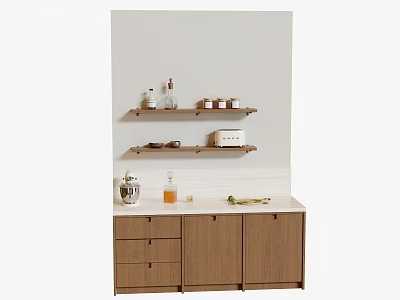 Wooden Kitchen Cabinets with Shelves on White Countertop and Bottles Jars Green Onions 3d model