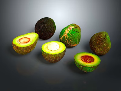 Fresh Ripe Avocados Whole and Halved with Green Flesh and Pit 3d model
