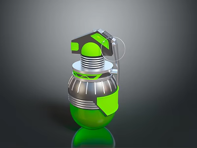 Green And Silver Grenade Weapon With Metal Components And Pull Pin Design 3d model