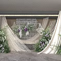 Elegant Wedding Floral Installation With White Drapes Purple White Flowers And Crystal Chandeliers