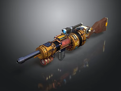 Steampunk Sci Fi Mechanical Gun With Scope Wooden Stock And Gear Details 3d model