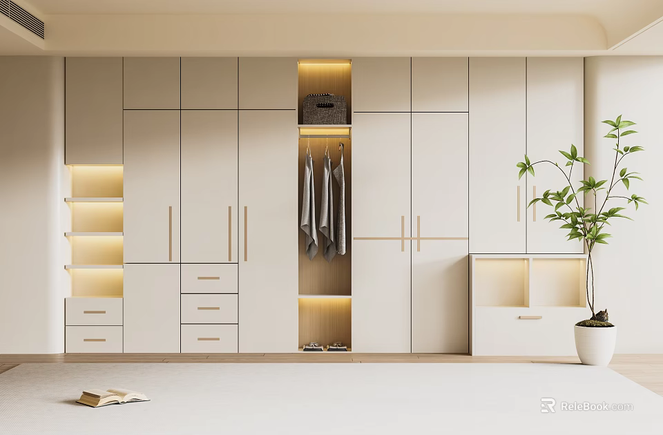 Modern White Wardrobe with Cabinets Drawers Open Hanging Section LED Lighting and Potted Plant 3d model 