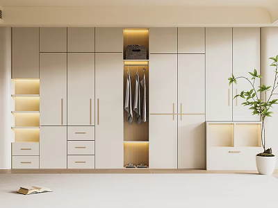 Modern White Wardrobe with Cabinets Drawers Open Hanging Section LED Lighting and Potted Plant 3d model