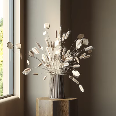 Gray Striped Vase With White Beige Dried Flowers On Wooden Table Bright Light 3d model