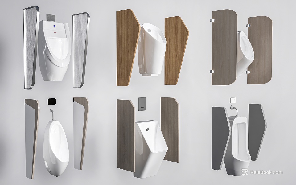 Contemporary Urinal Designs With Various Wooden Gray And Silver Partition Panels For Bathroom 3d model 