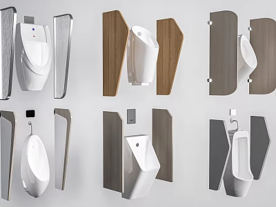 Contemporary Urinal Designs With Various Wooden Gray And Silver Partition Panels For Bathroom 3d model