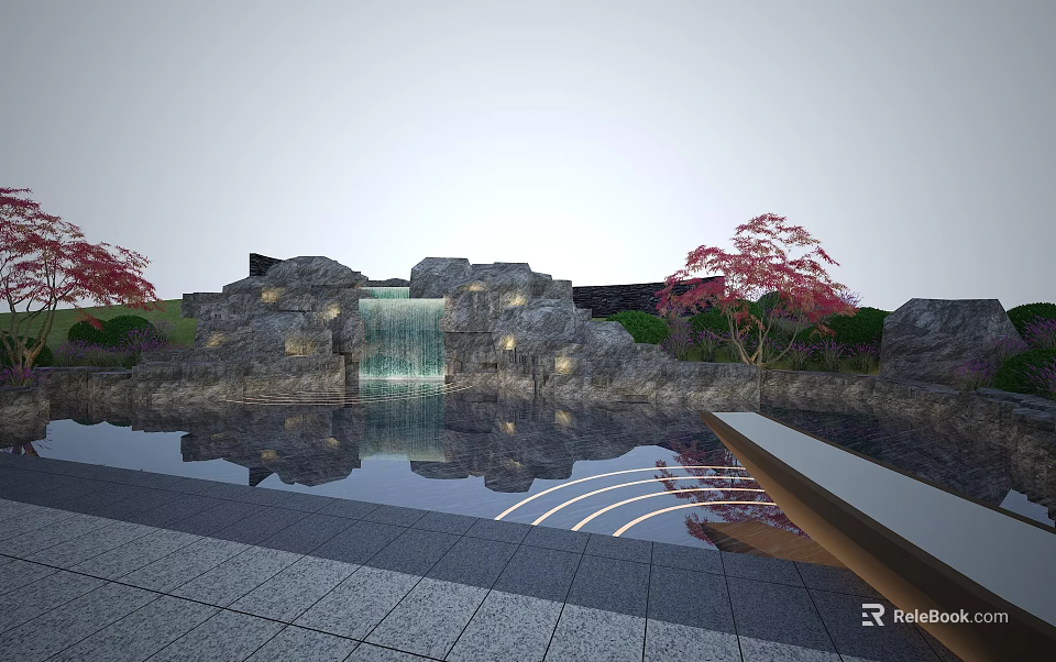 Serene Landscape With Waterfall Rock Formations Red Maple Trees And Pond Reflections 3d model