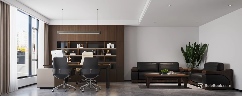Modern Office Interior Design With Open Layout Dark Sofa Bookshelf Desk And Chairs 3d model 