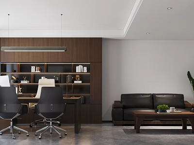 Modern Office Interior Design With Open Layout Dark Sofa Bookshelf Desk And Chairs 3d model