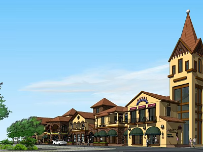 Commercial Street With Yellow Buildings Spire Tower Arched Doors Shops Trees And Cars 3d model