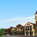 Commercial Street With Yellow Buildings Spire Tower Arched Doors Shops Trees And Cars