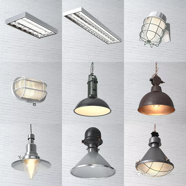 Various Industrial Style Pendant Lights Hanging On White Brick Wall 3d model 