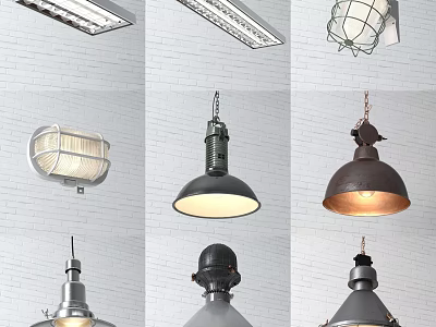 Various Industrial Style Pendant Lights Hanging On White Brick Wall 3d model