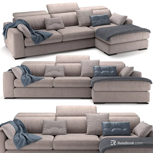 Modern Light Gray Double Sofa With Comfortable Cushions And Blue Throw Blanket 3d model